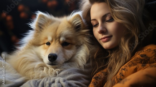 A young woman is lying on a bed with a dog