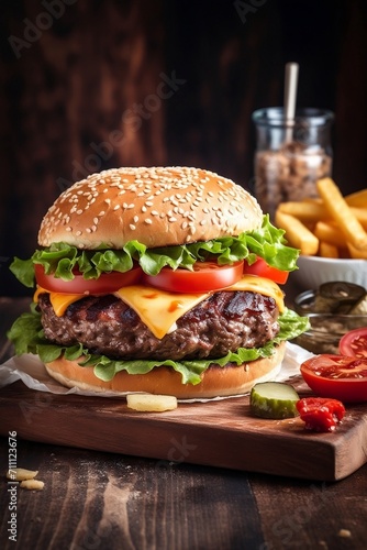 Delicious burger with cheese  lettuce  tomato  and french fries on a wooden board  tempting tasty hamburger  Mouthwatering juicy burger with fries