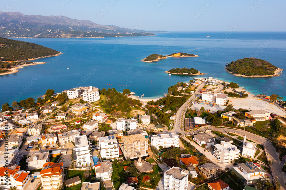 High angle view of Ksamil, village on shore of Ionian Sea in Albanian Riviera.