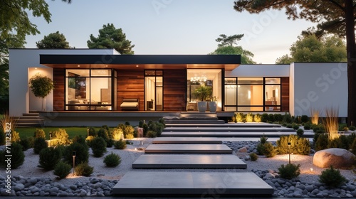 Modern minimalist house with large windows and a beautiful landscape photo