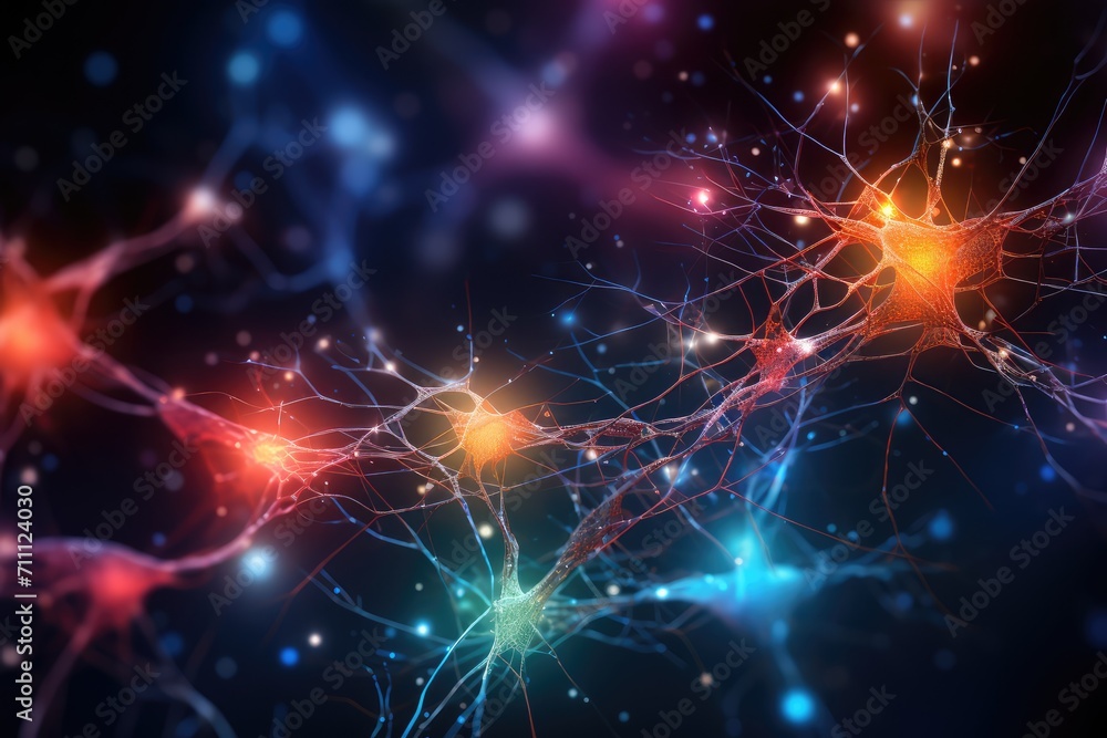 Human Brain Energy vibrant Brain Bulb light bulb. Neuronal network neurons creative, colorful, and glowing creativity, innovation, insightful axon idea generation, moments of epiphany and brilliance.  - obrazy, fototapety, plakaty 