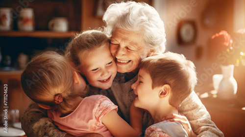 笑顔でおばあちゃんに抱きつく孫 grandmother hugging grandchildren
