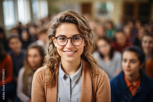 Confident Female College Student with Curly Hair Wearing Glasses in a Classroom Full of Students