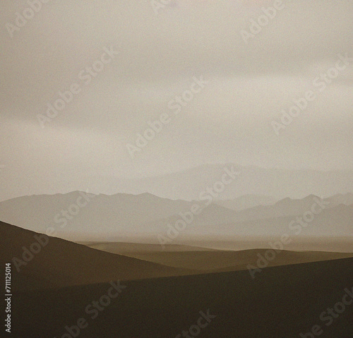 Landscape with fog. misty morning in the mountains. Minimalist background with empty copy space. Nature backdrop. Beautiful natural flyer  card design. Nature Template for presentation or product. 