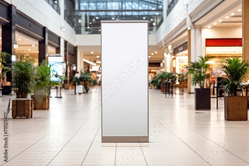 Empty advertising stand in mall's central aisle with greenery