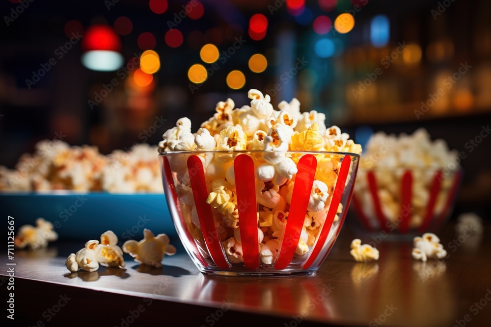 A bowl of popcorn with a red and white striped pattern sits on a table with a blue plate of popcorn next to it and popcorn scattered on the table.