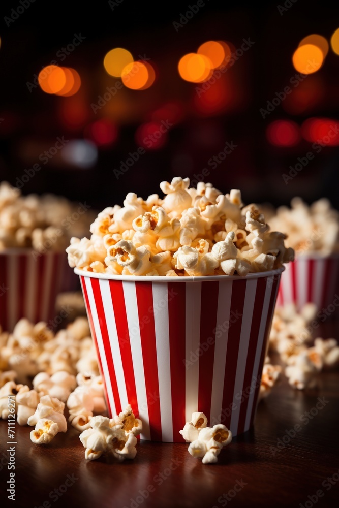 Red and white striped popcorn bucket with spilled popcorn