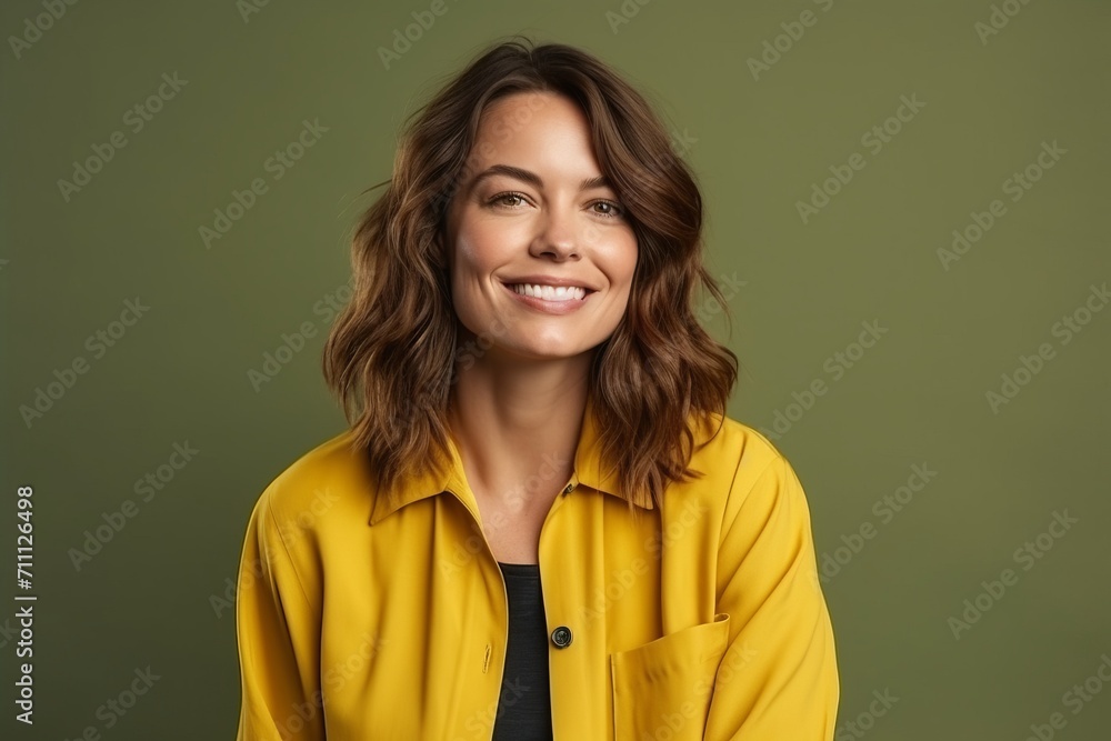 Portrait of a smiling young woman in yellow shirt over green background Portrait of a smiling young woman in yellow shirt over green background