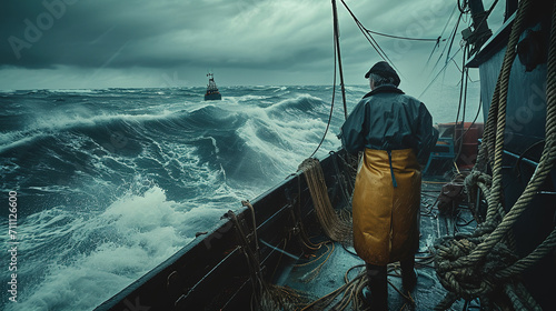 Fotografia A male fisherman on a fishing boat during a storm