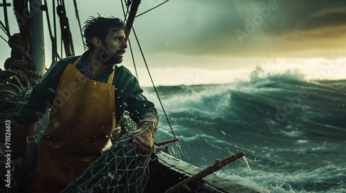 A male fisherman on a fishing boat during a storm. Focused bearded brutal male fisher photo