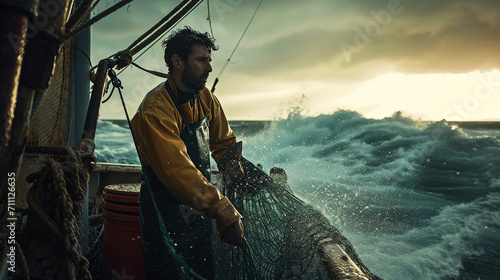 A male fisherman on a fishing boat during a storm. Focused bearded brutal male fisher