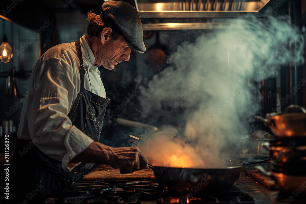 A professional chef prepares various dishes in the kitchen of an expensive restaurant A professional chef prepares various dishes in the kitchen of an expensive restaurant