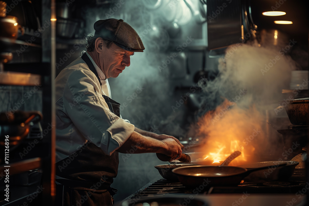 A professional chef prepares various dishes in the kitchen of an expensive restaurant A professional chef prepares various dishes in the kitchen of an expensive restaurant