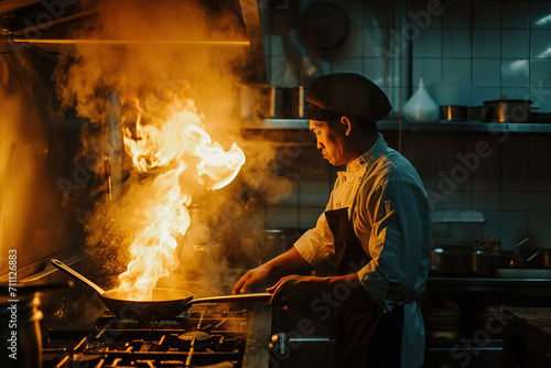 A professional Asian chef prepares various Chinese dishes in the kitchen of an expensive restaurant