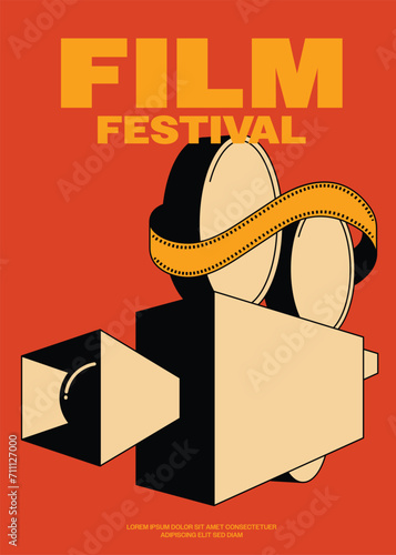 Movie and film festival poster template design background vintage retro style with film camera