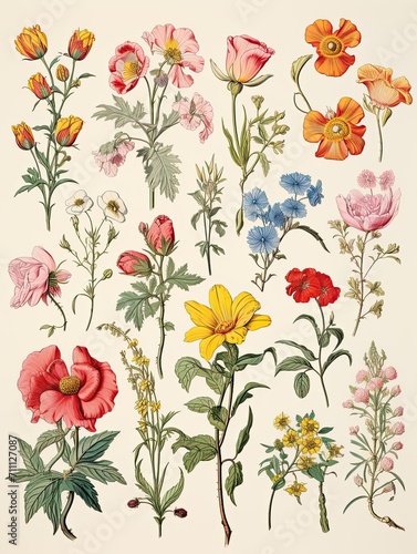 Artisanal Botanical Illustrations: Retro Floral Motifs for a Captivating Wall Art Collection