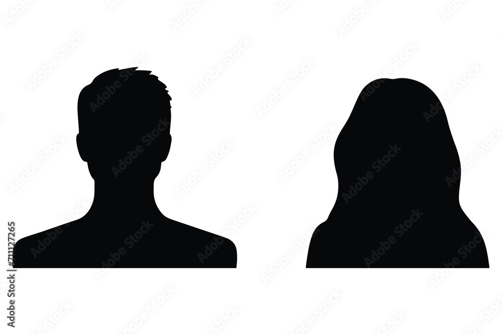 A vector illustration depicting male and female face silhouettes or icons, serving as avatars or profiles for unknown or anonymous individuals. The illustration portrays a man and a woman portrait. A vector illustration depicting male and female face silhouettes or icons, serving as avatars or profiles for unknown or anonymous individuals. The illustration portrays a man and a woman portrait.