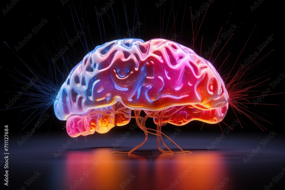 Obraz premium Brain creativity frontal, temporal lobes, prefrontal cortex. Hemispheric specialization, cortical connectivity, right left brain activities. Neurotransmitters serotonin dopamine cognitive enhancement