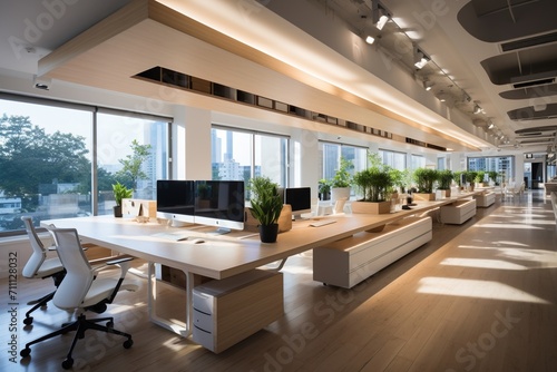 Modern office interior with large windows and plants © duyina1990