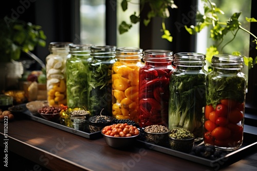 An arrangement of colorful preserved vegetables in glass jars