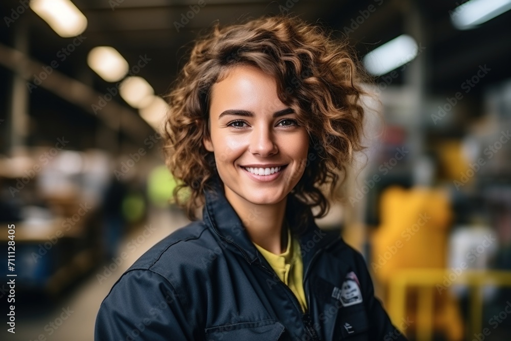 Portrait of a smiling young woman in a warehouse