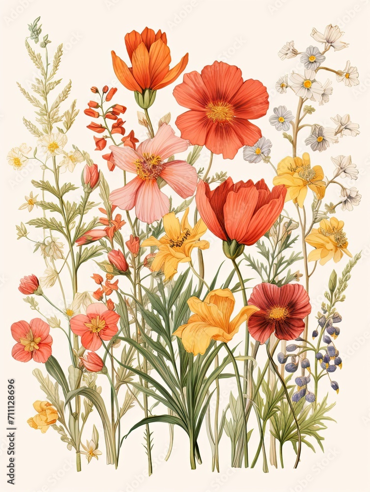 Whimsical Farmhouse Delight: Bohemian Meadow Illustrations in a Wildflower Dance