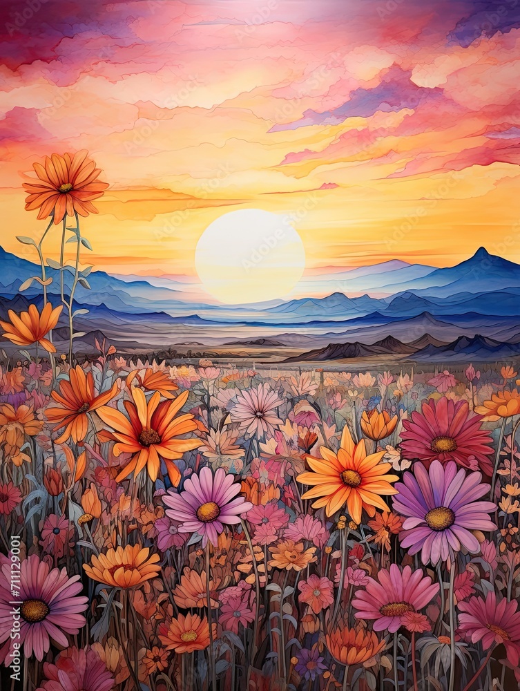 Boho Desert Sunset Paintings: Mesmeric Desert Wildflowers Under a Luminous Sunset