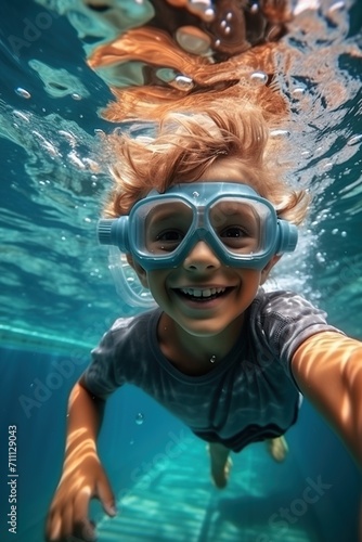 Ecstatic kid snorkeling underwater in a pool