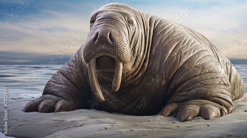 Majestic Pacific Walrus Basking on Rocky Shoreline Under Golden Sunset Light - AI-Generative