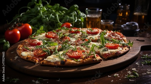 A delicious pizza with fresh tomatoes, mozzarella cheese, and basil