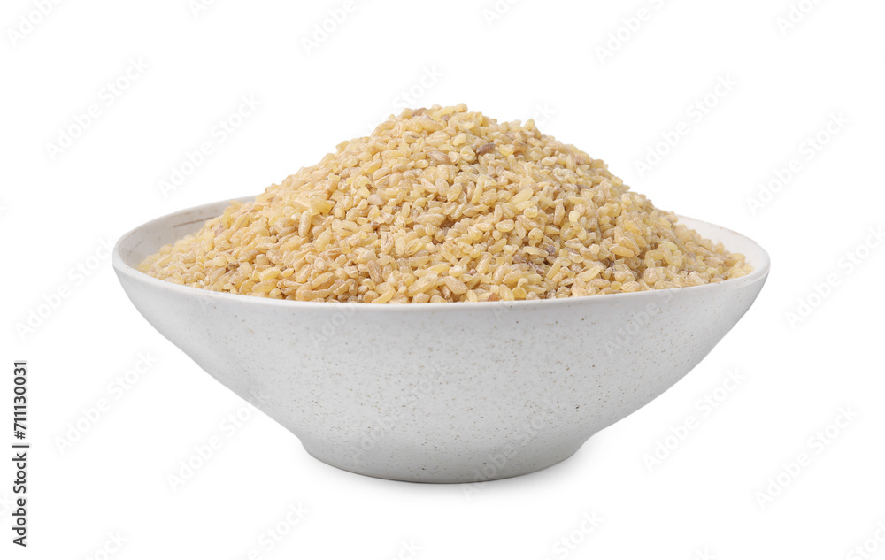 Raw bulgur in bowl isolated on white Raw bulgur in bowl isolated on white