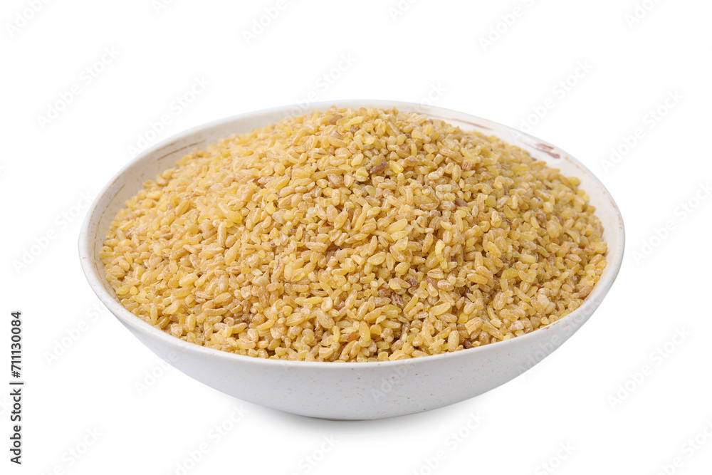 Raw bulgur in bowl isolated on white Raw bulgur in bowl isolated on white