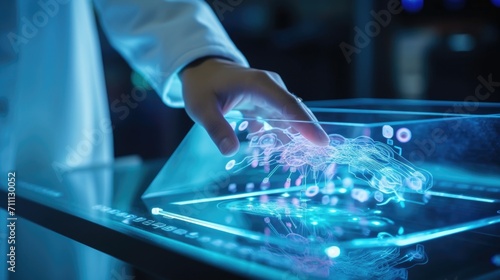 Closeup of a doctors gloved hand navigating through a holographic medical display to analyze a cellular structure.