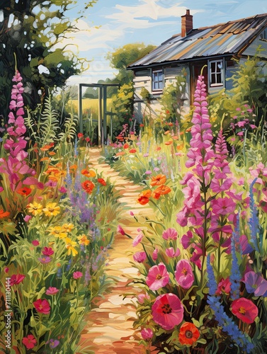 Classic Cottage Garden Art: Vintage Painting Celebrating the Vibrant Hues of Countryside Flora