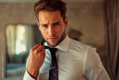 handsome guy loosen the tie in the bedroom 
