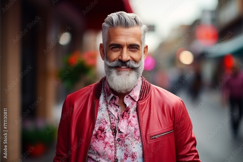 Portrait of a handsome senior man with grey hair and beard wearing red jacket Portrait of a handsome senior man with grey hair and beard wearing red jacket