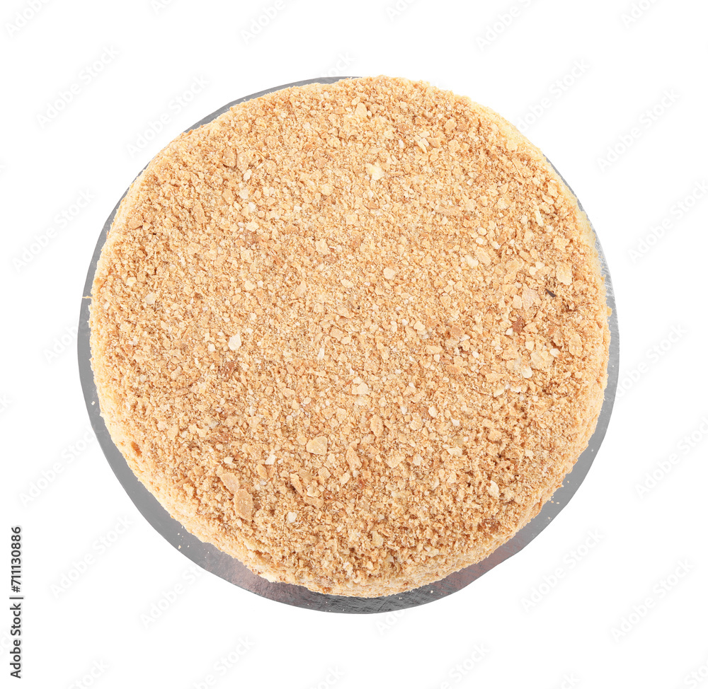 Delicious freshly baked Napoleon cake isolated on white, top view Delicious freshly baked Napoleon cake isolated on white, top view