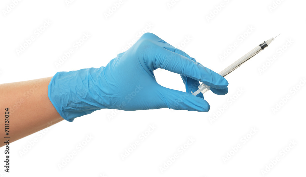 Doctor holding medical syringe on white background, closeup Doctor holding medical syringe on white background, closeup