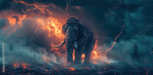 Mammoth in prehistoric wild field with lightning bolt and fire flame in forest.
