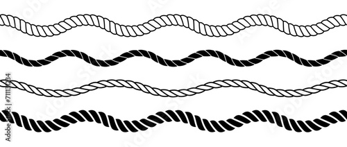 Set of rope waves. Repeating hemp cord stripes collection. Waving chain, braid, plait bundle. Seamless decorative plait pattern. Vector marine twine design elements for banner, poster, frame, border