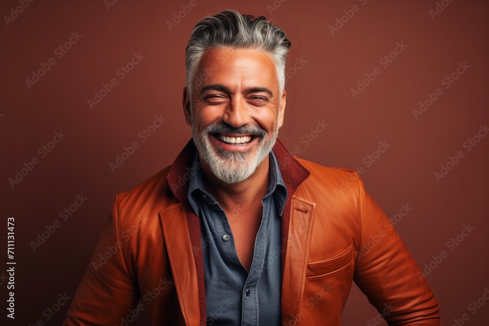 Portrait of a smiling mature man in a red jacket on a brown background.
