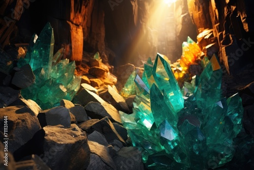 Close-up view of beautiful colorful natural crystal stone in a cave.