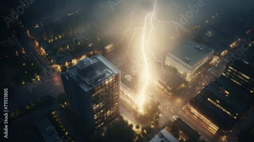 Slika na platnu Aerial view of bright lightning strike on city building in a thunderstorm at night