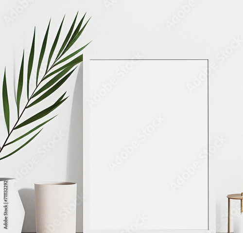 White blank paper with frame and green leaves. Minimal design with copy space. Natural Template for presentation. Nature wallpaper. Minimalist concept. Beautiful Nature Flyer. Interior design © SuFiSa