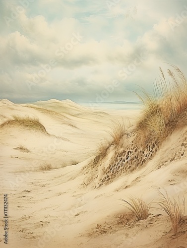 Coastal Dune Artistry: Vintage Sandy Landscapes Textured Art Print