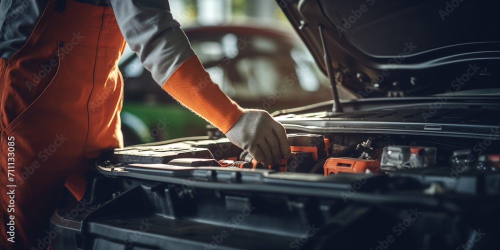 mechanic wearing orange jumpsuit fixing car engine mechanic wearing orange jumpsuit fixing car engine