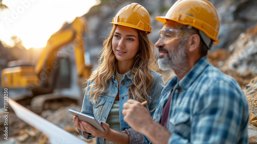 Engaged Conversation Between a Hispanic Woman Engineer and Male Construction Worker at an Urban Development Site. A female engineer and a male construction worker are exchanging information and ideas.