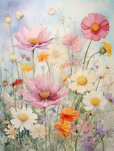 Delicate Watercolor Florals: Vintage Landscape Art, Celebrating Nature's Beauty with Wildflower Impressions