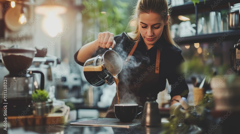 Obraz na płótnie Hot steaming coffee drinks are being made in a coffee shop. w salonie