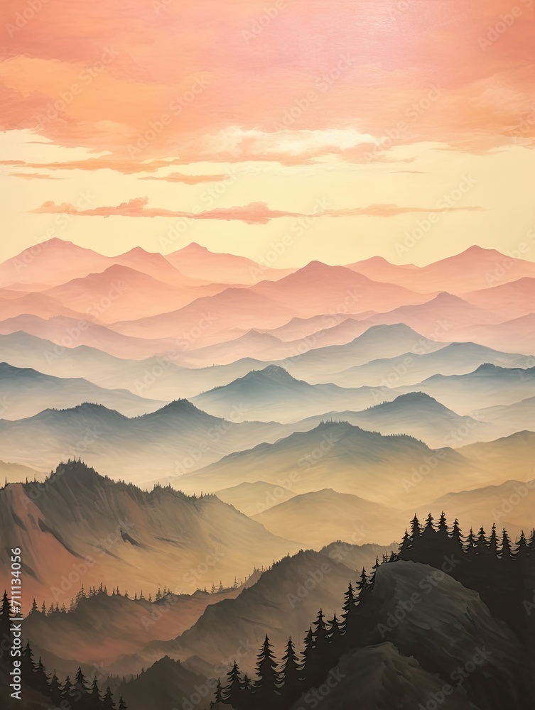 Dreamy Mountain Pass Paintings: Vintage Landscape of Mountain Silhouettes